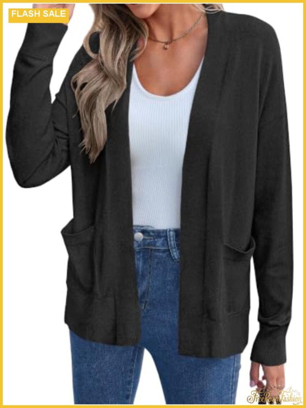 Open Front Long Cardigan Knit Sweater with Pockets Loose Fit